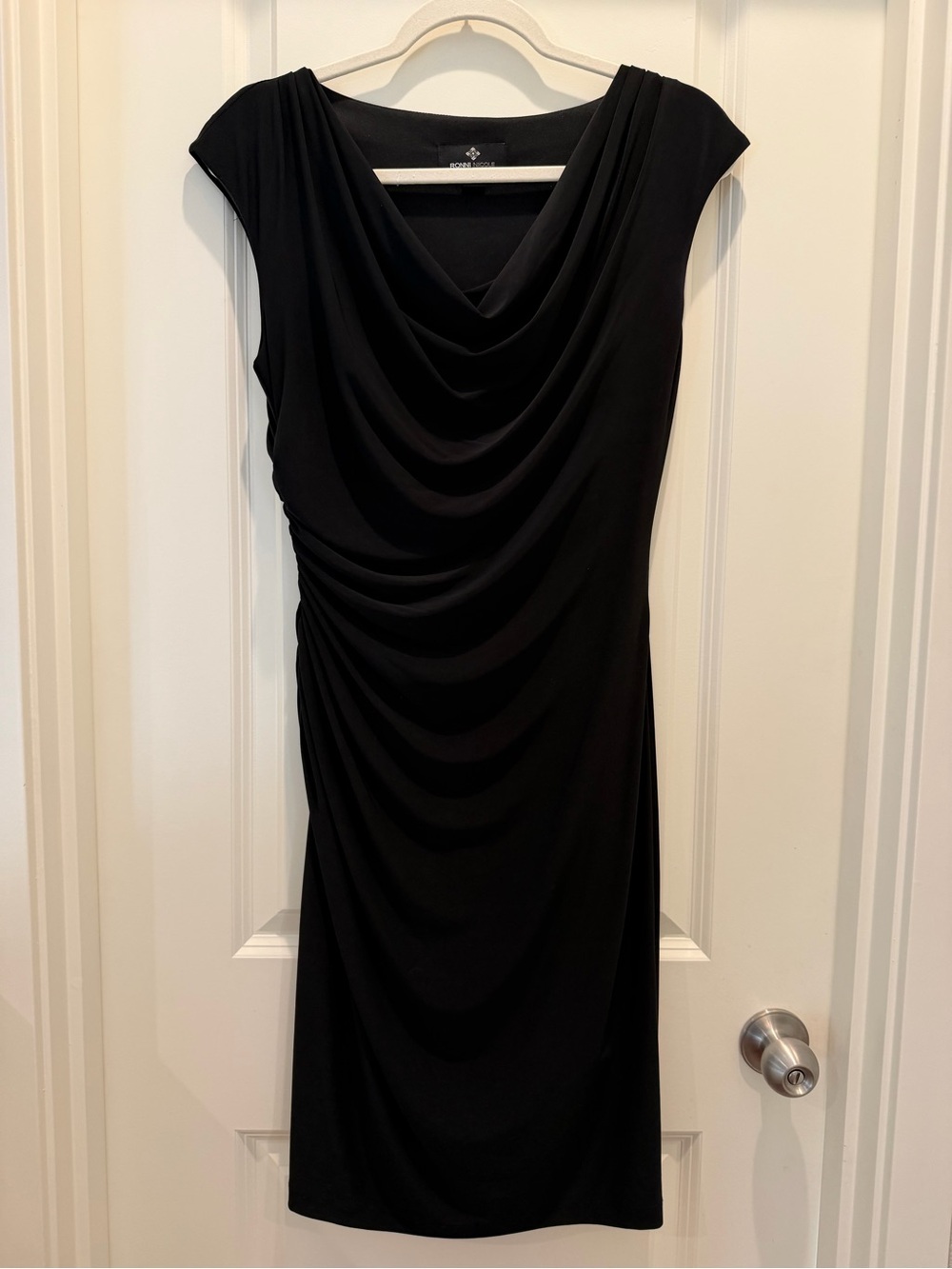 Ronni Nicole Black Drape Neck Midi Dress